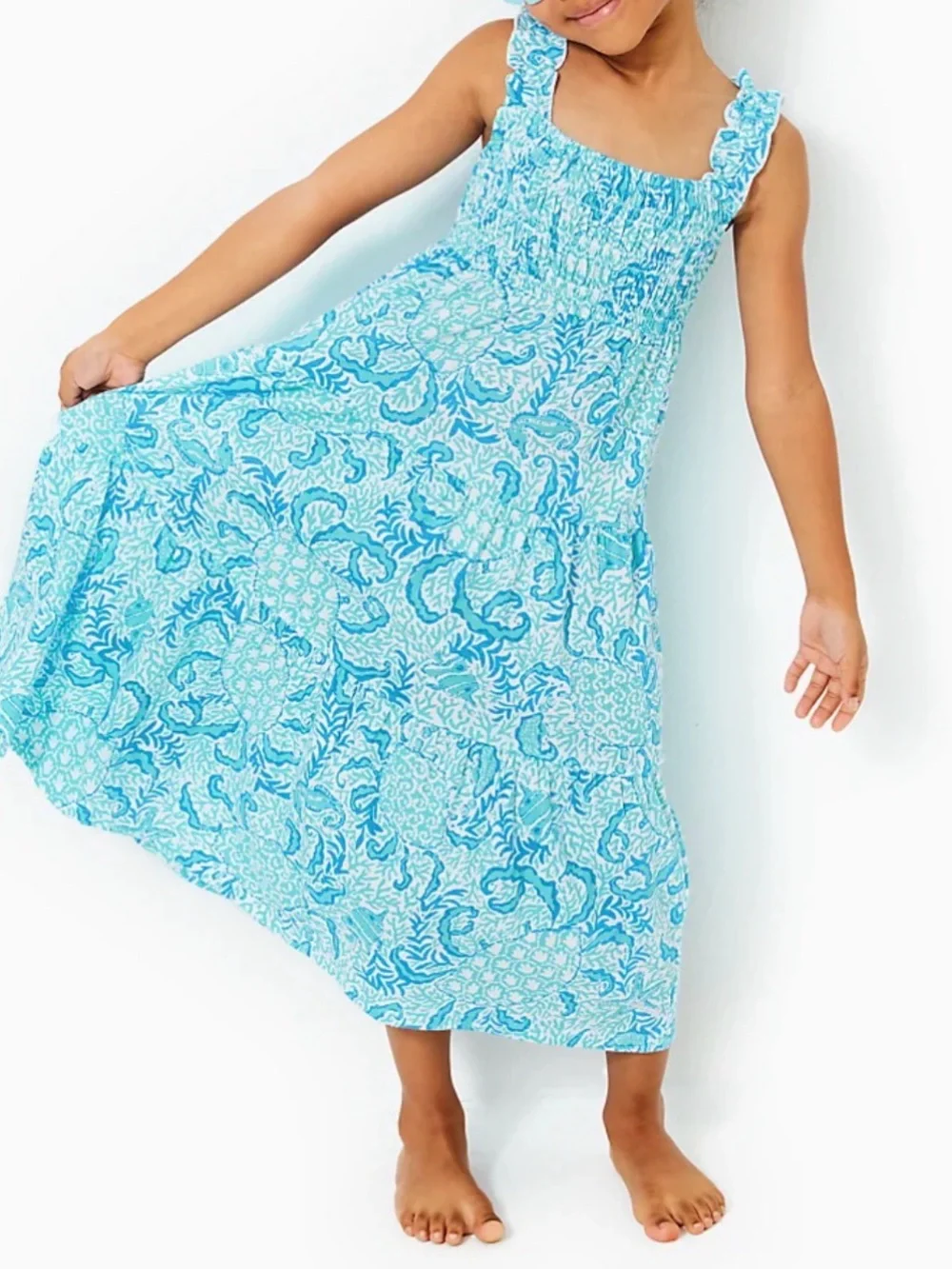 Lilly Pulitzer Girls Aqua and White Floral Smocked Sundress